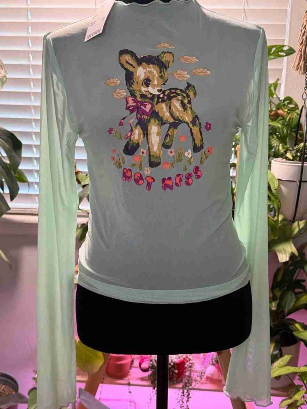 Mint Green Mesh Long Sleeve Top Cute Deer Graphic Hot Mess Tee